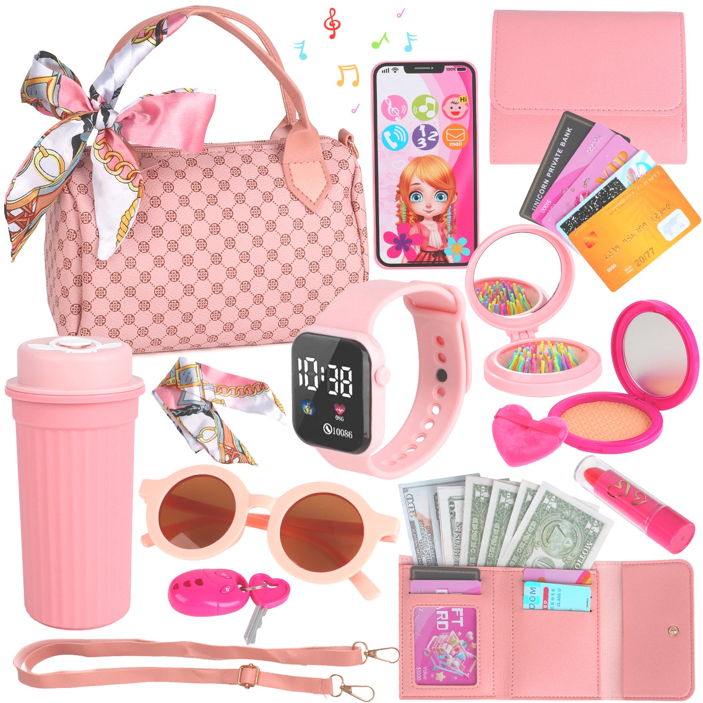 Flooyes Kids Makeup Toy Set Pretend Play Handbag Toys, Beauty Makeup Toys With Bottle and Watch For Kids Girls 3 4 5 6 7 8 Birthday Gift Pink