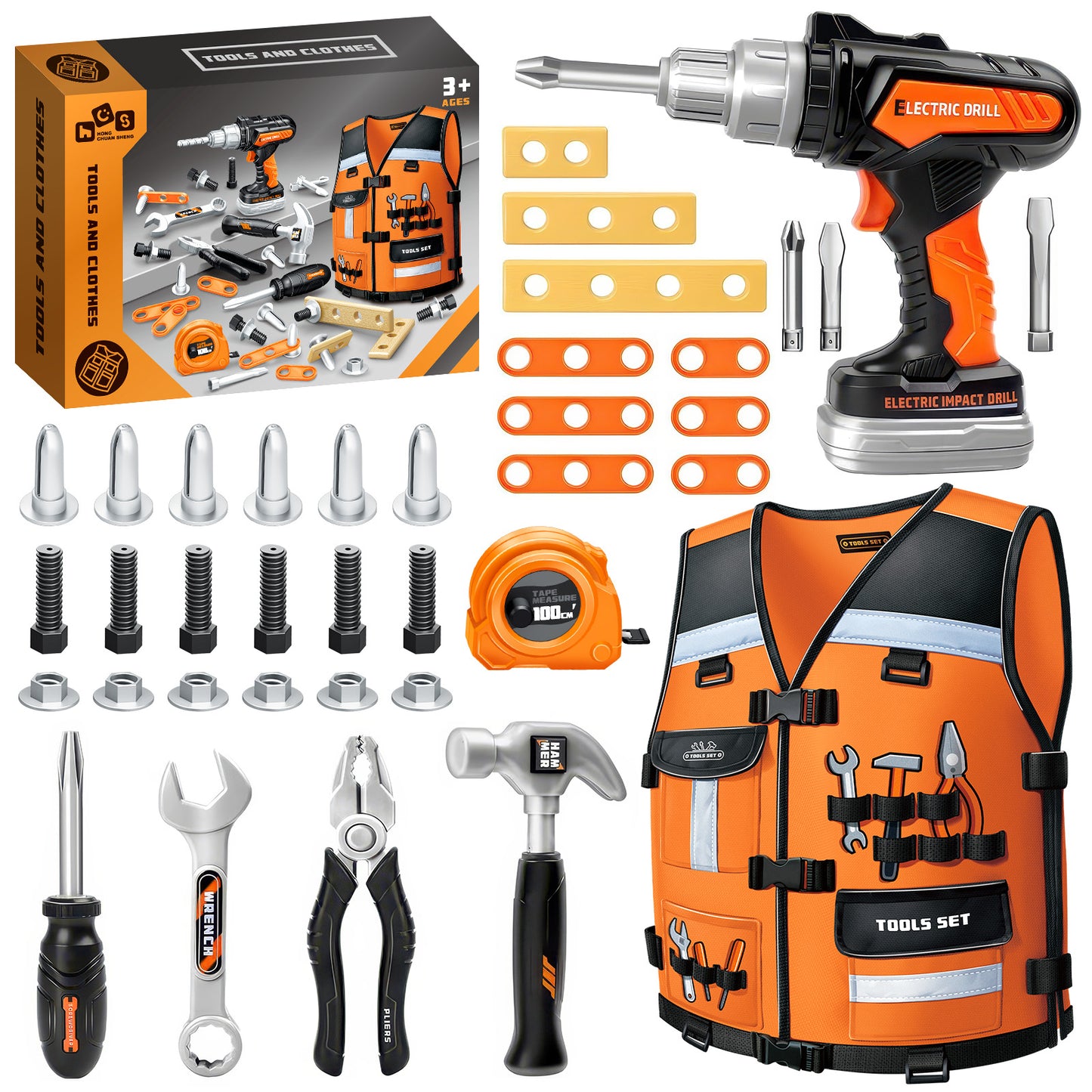 Flooyes Electric Drill Simulation Tool Set With Costume, Pretend Play Construction Toys for Kids Ages 3+