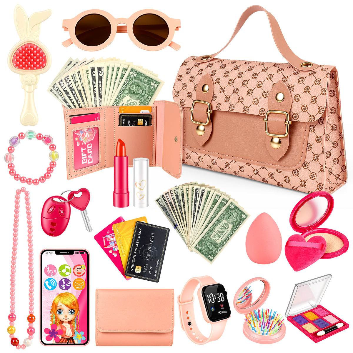 Flooyes Kids Makeup Toy Set Pretend Play Handbag Toys, Beauty Makeup Toys With Necklace and Watch For Kids Girls 3 4 5 6 7 8 Birthday Gift Pink