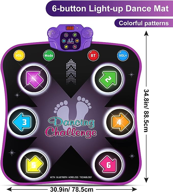 Electronic Dance Mat Toys for 3-12 Year Old Kids with Light-up 6-Button & Wireless Bluetooth, 5 Game Modes, Gifts for 3-10+ Year Old Girls