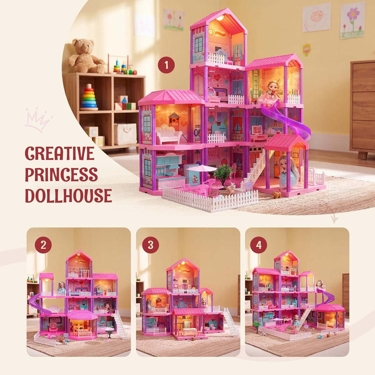 Flooyes Doll House for Girls-4 Story 11 Rooms Dollhouse