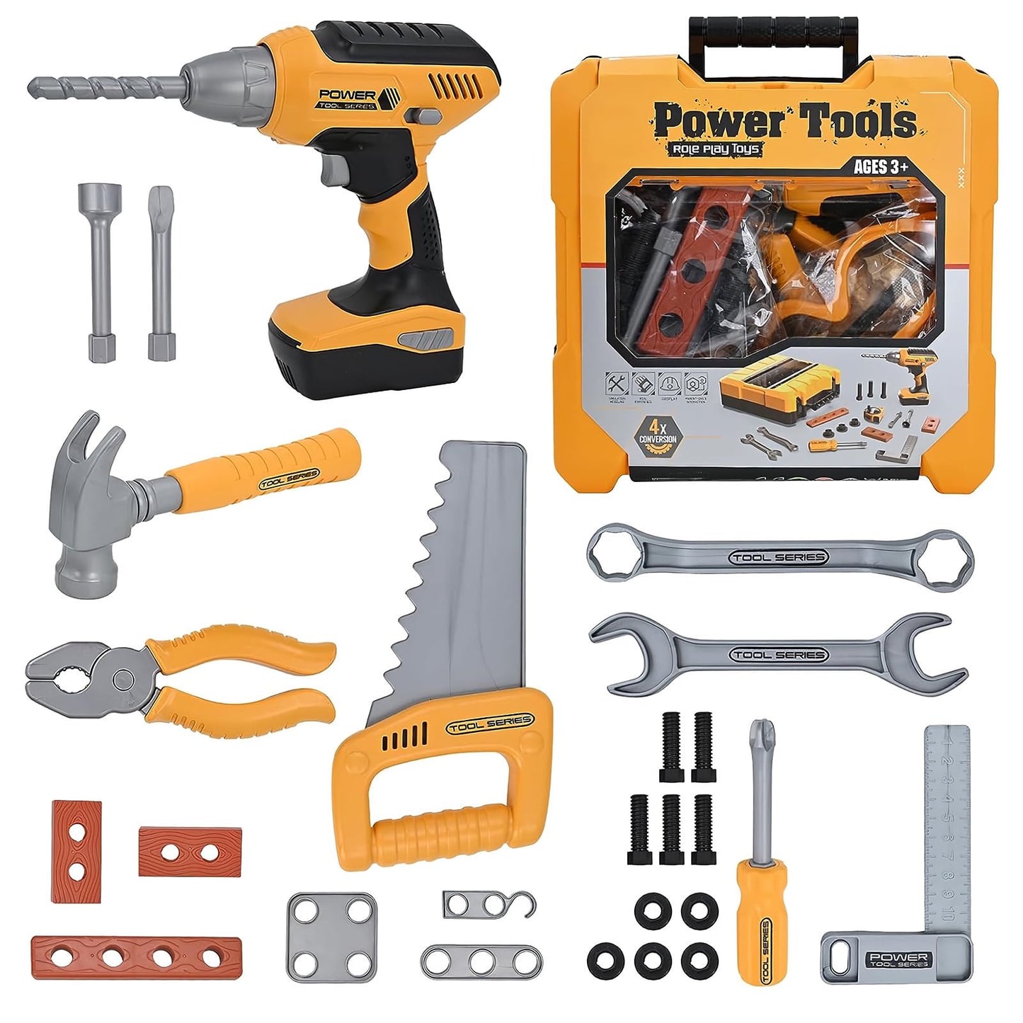 Flooyes Kids Boys Tool Set,STEM Education Learning Toys with Tool Box for Toddlers Ages 3-6, Birthday Christmas Gifts for Boys.(Yellow)