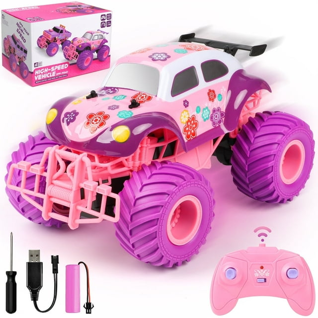 Flooyes Remote Control Car for Girls, 2.4Ghz All Terrain Girls Off-Road RC Trucks with Rechargeable Battery,4WD RC Car Toys for Boys 3-6 Years,Christmas Birthday Gifts for Kids Age 3 4 5 6 +,Pink
