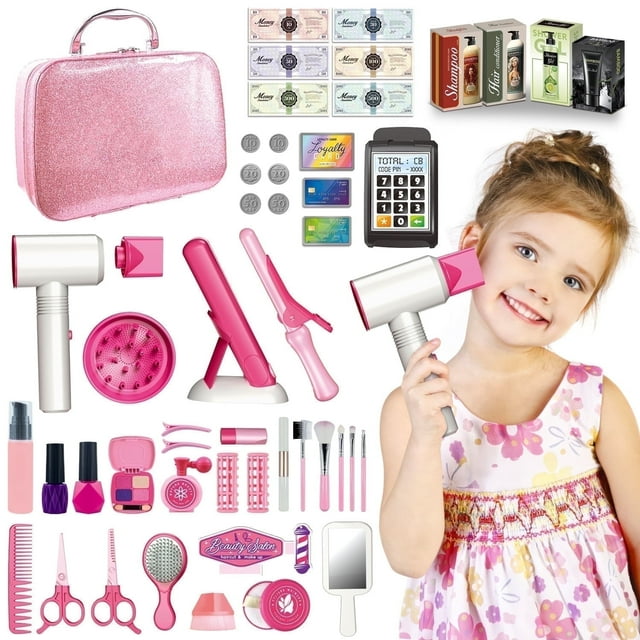FLOOYES Kids Makeup Toy Set, Pretend Play Hair Salon Toys for Girls 3-12 Age Birthday Gift
