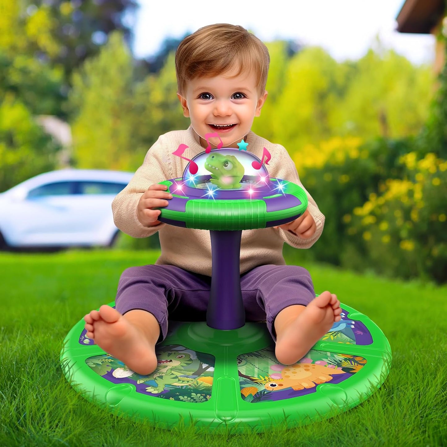 Flooyes Dinosaur Sit and Spin Toys with LED and Music, 360° Spin, Toddler Toys Age Over 18 Months