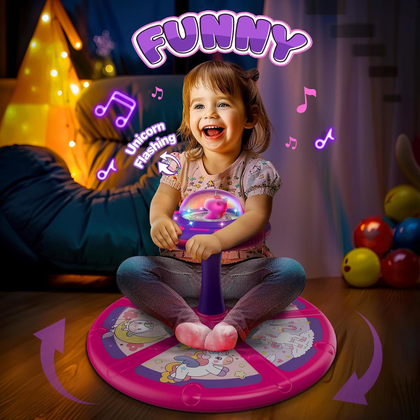 Flooyes Unicorn Sit and Spin Toys with LED and Music, Toddler Toys Age Over 18 Months