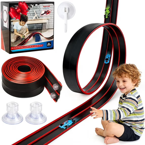 Flooyes 15FT Flexible Race Car Track For Kids, Soft Road With Little Car, Portable & Foldable Indoor/Outdoor Toy, Gift For Boys Girls 3 4 5 6+