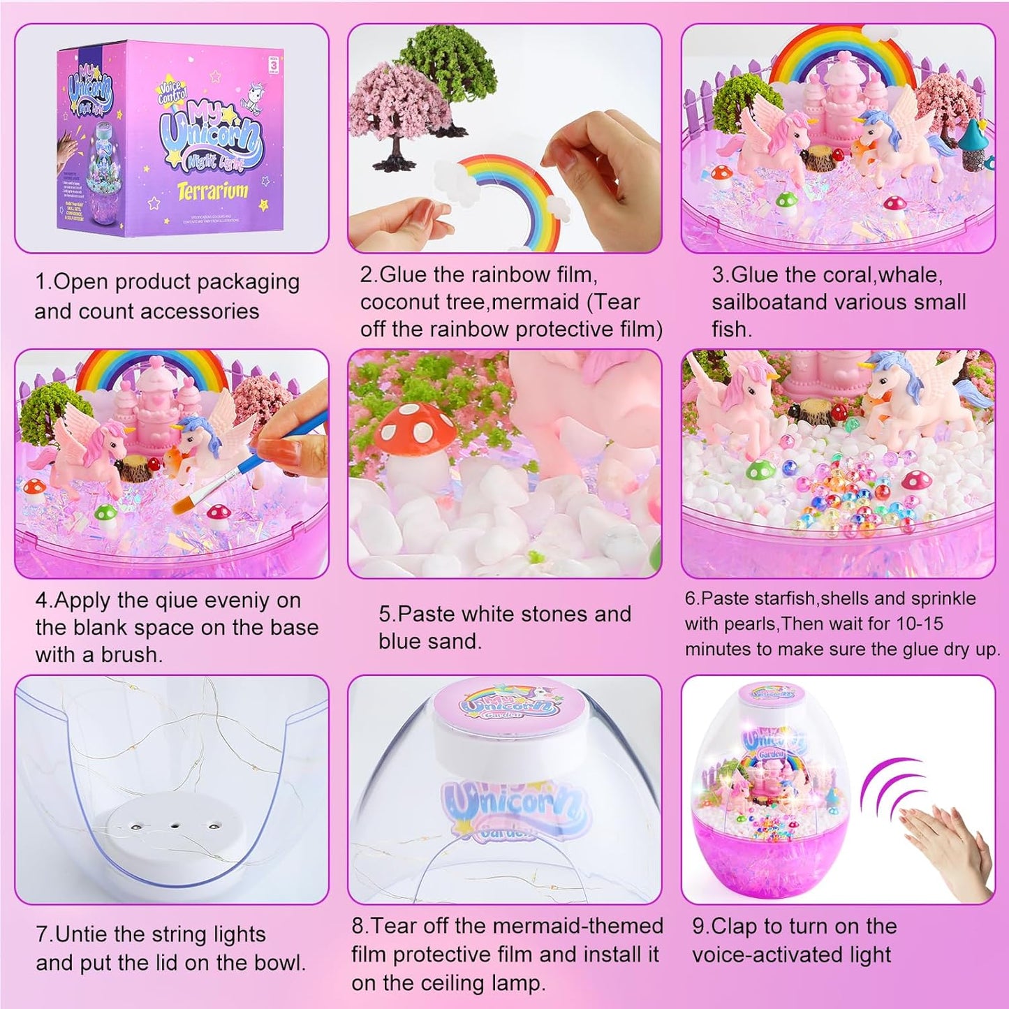 Unicorn Gifts for Girls, Unicorn Terrarium Garden kit for Kids,DIY Unicorn Arts & Crafts Kit - Voice Control LED Night Light Up Birthday Gifts Crafts Toys for Kids Ages 3-12