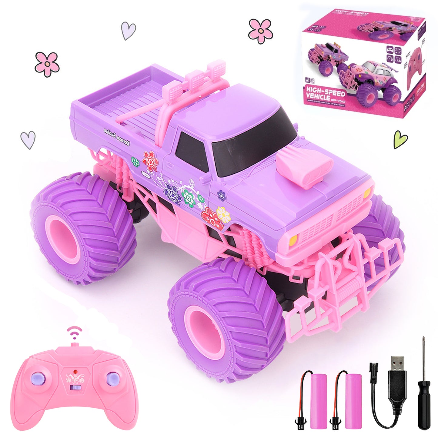 Flooyes Remote Control Car for Girls, Pink RC Cars, 2.4GHz All Terrain Off-Road Moster Trucks, 2 Rechargeable Batteries, Birthday Toy Gift for Kids Age 6 7 8 9 10+