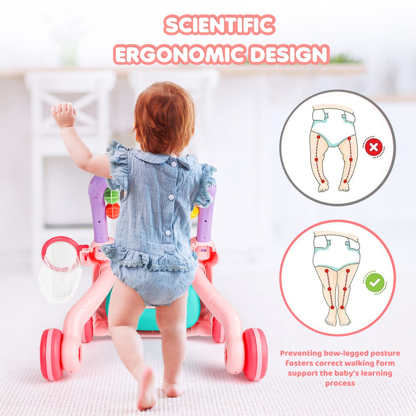 Baby Push Walker Toys, Sit to Stand Toddler Learning Push Toys for 6-18 Months, Baby Walking Toys 6-12 Months,Early Learning Push Toys for Toddlers ,Pink