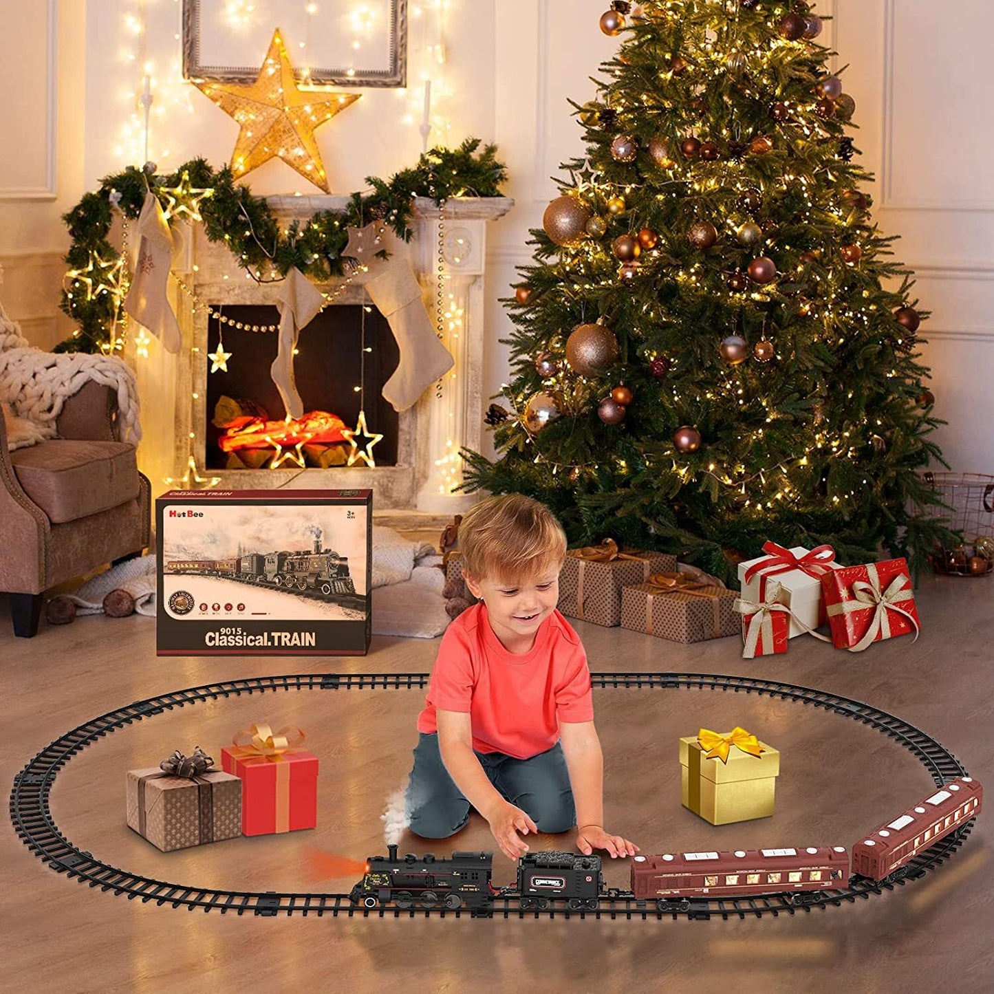 Model Train Set Locomotive for Boys, Metal Alloy Electric Trains w/ Steam, Christmas Train Toys for 3+ Years Old Kids