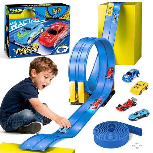 Flooyes Double Flexible Race Car Track Set For Kids, Soft Road With 4 Little Car, Gift For Kids Boys Girls 3 4 5 6+