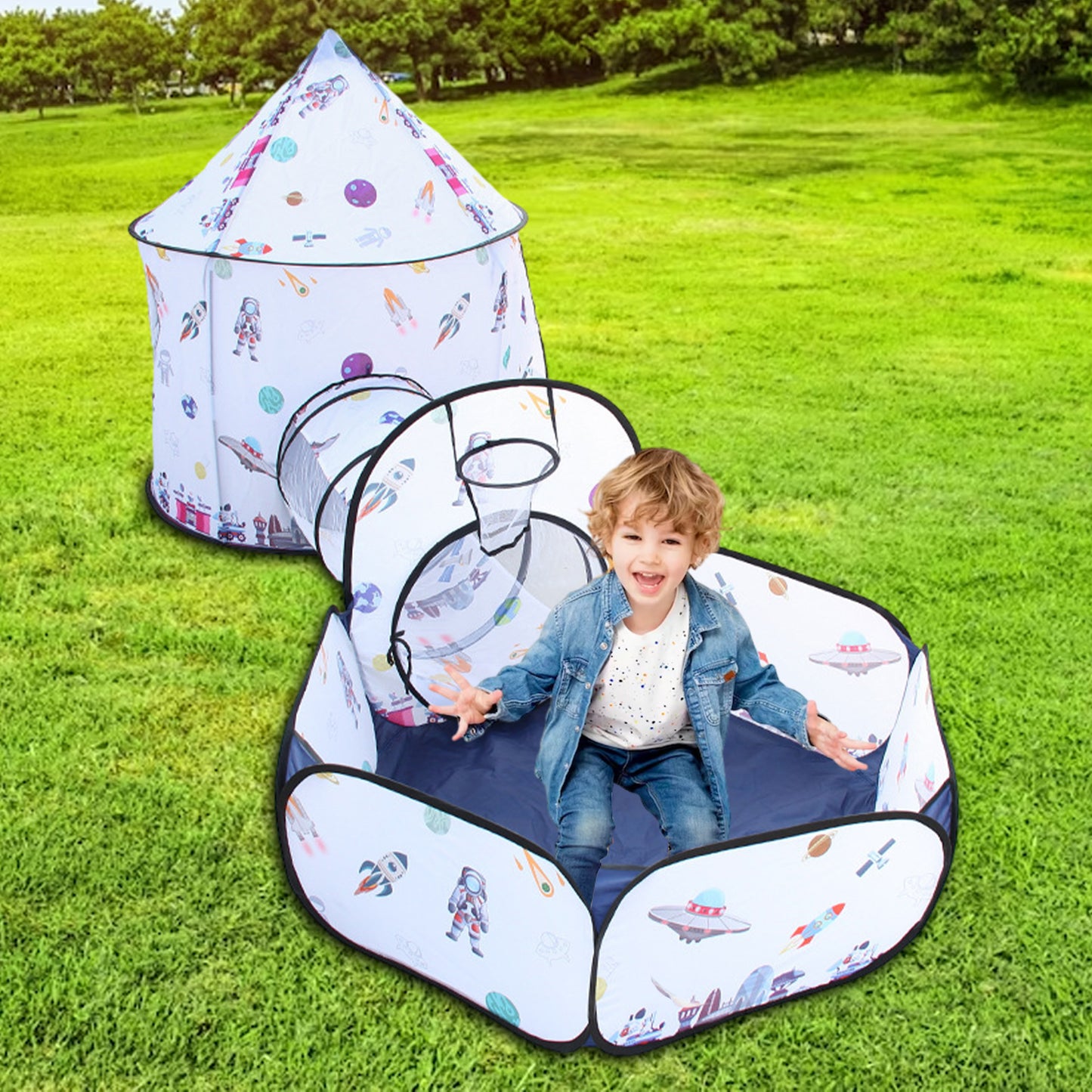 3-in-1 Rocket Kids Tent Set, Indoor & Outdoor Toy Play Set, with Play Tent & Baby Ball Pit(NOT INCLUDE BALL)& Toddler Play Tunneling, Christmas Birthday Gift for Boys Age 3-8.