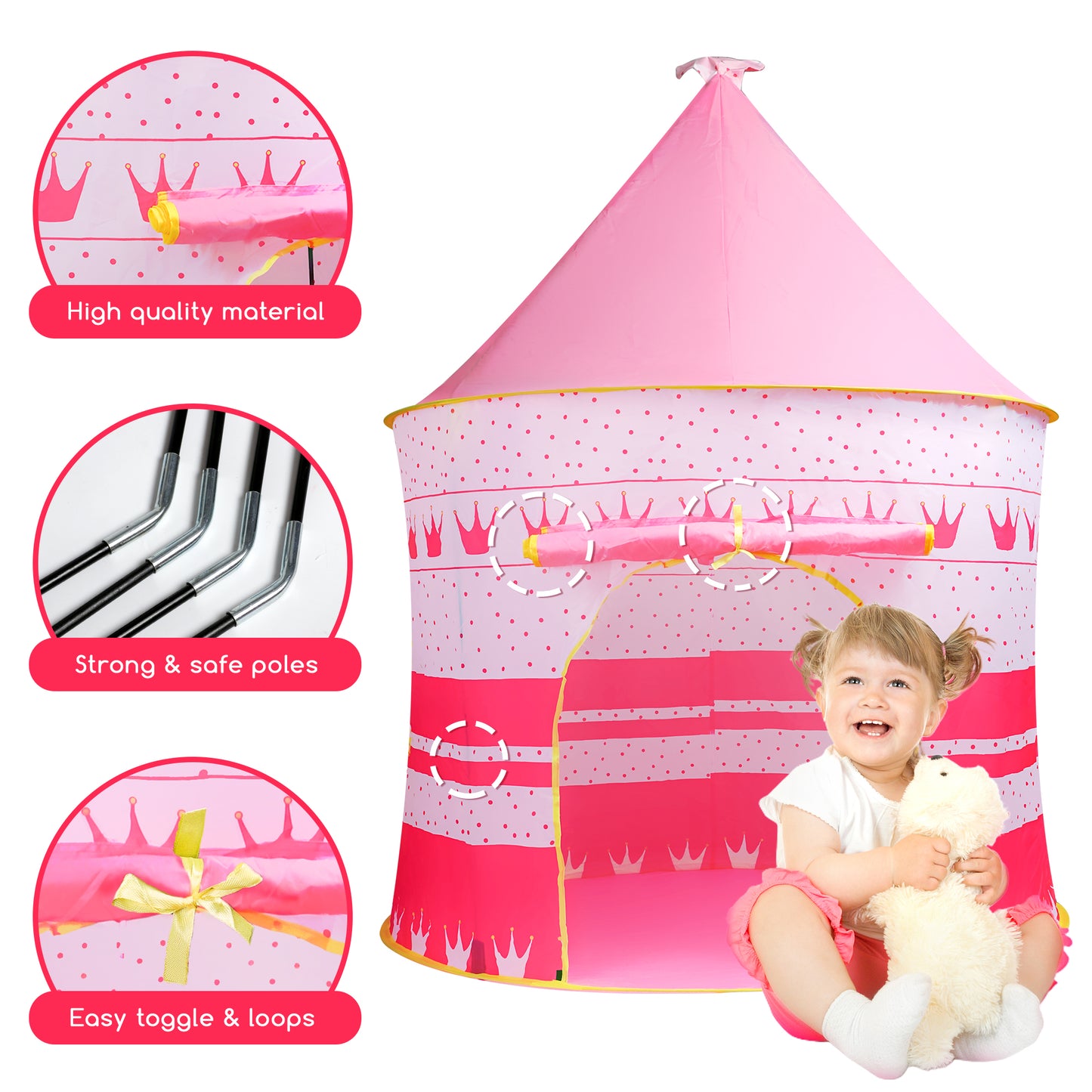 Princess Castle Pink Kids Tent, Foldable Into A Carrying Bag, Indoor and outdoor Play Tent for kids