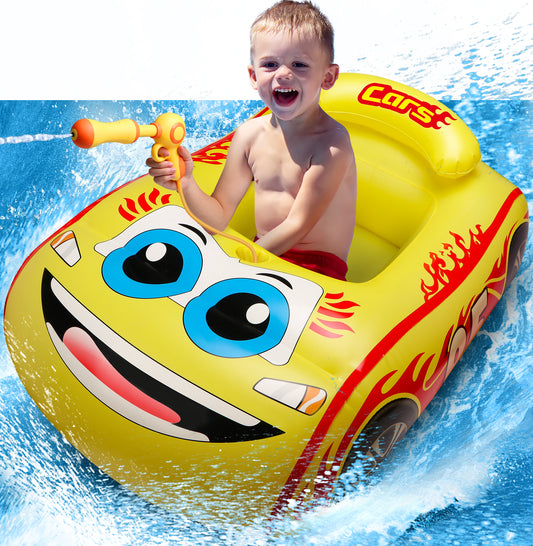 Inflatable Pool Float Kids, Cute Car Boat Floats with Steering Wheel, Summer Toys for Toddler Boys Girls Kids 1-4