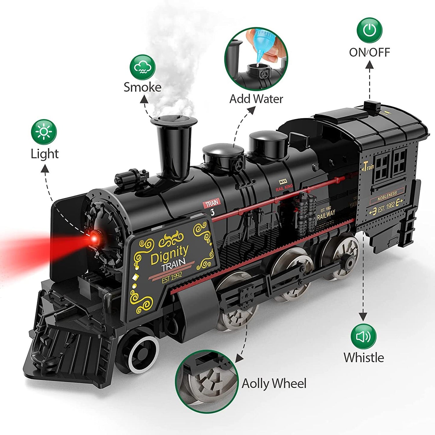 Model Train Set Toys for Boys 3 4 5 6 7 8+ Years - Metal Alloy Electric Trains w/ Steam Locomotive,Train Toys w/ Smoke,Sounds & Lights,Christmas Toys Gifts for 3 4 5 6 7+ Years Old Kids