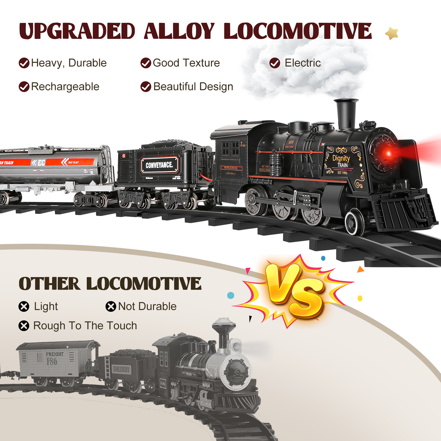 Electric Train Set for Boys - Metal Alloy Model Trains with Steam Locomotive, Train Toys with Smoke,Sounds & Lights,Christmas Gift for 3-8 Years Old Kids