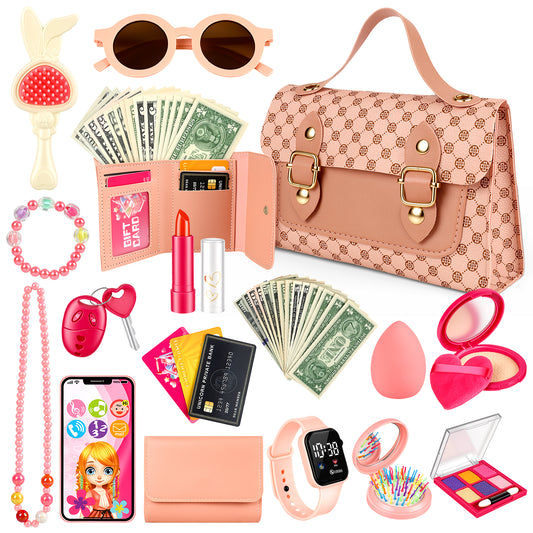 Flooyes Kids Makeup Toy Set Pretend Play Handbag Toys, Beauty Makeup Toys With Necklace and Watch For Kids Girls 3 4 5 6 7 8 Birthday Gift Pink