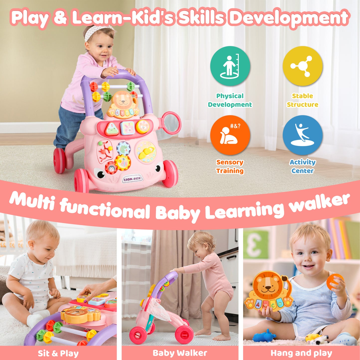 Baby Push Walker Toys, Sit to Stand Toddler Learning Push Toys for 6-18 Months, Baby Walking Toys 6-12 Months,Early Learning Push Toys for Toddlers ,Pink