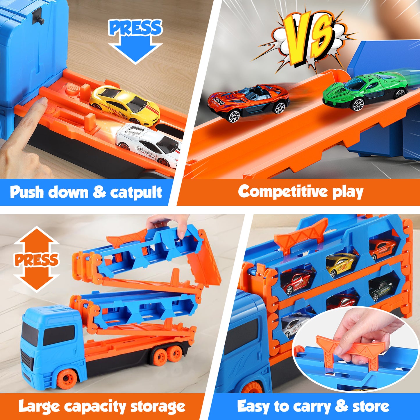 Toy Trucks Cars for Toddlers, Transport Carrier Truck Race Track Set for Boys Kids, with 12 Die-Cast Metal Toy Cars, Kids Toys Set for 2 3 4 5 6 Years Old (Blue)