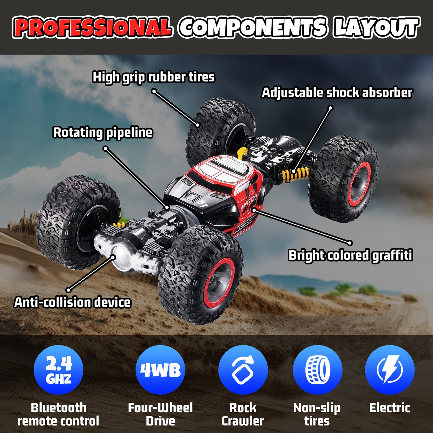 RC Stunt Car for Kids,4WD 360° & Double Sided Rotation Toy Cars for Boys,2.4GHz All-Terrain Dual Mode Twist Remote Control Cars with LED Light Music for Kids Gifts