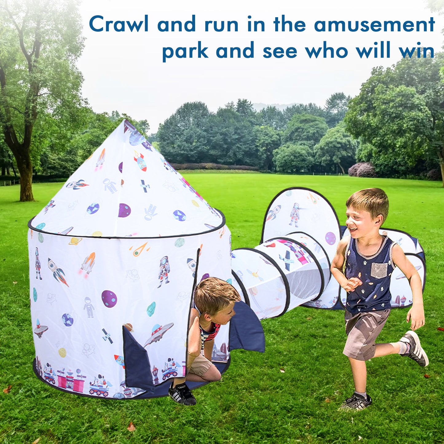 3-in-1 Rocket Kids Tent Set, Indoor & Outdoor Toy Play Set, with Play Tent & Baby Ball Pit(NOT INCLUDE BALL)& Toddler Play Tunneling, Christmas Birthday Gift for Boys Age 3-8.