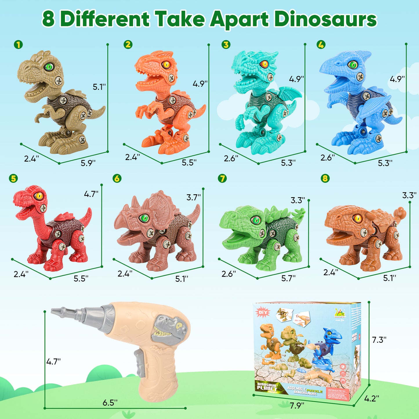 Dinosaur Toys, 8 Pcs Take Apart Dinosaur Stem Toys for kids 3-5, Educational Building Construction Sets with Electric Drill, Birthday Christmas Gifts for Toddlers Boys Girls Age 3 4 5 6 7 8+