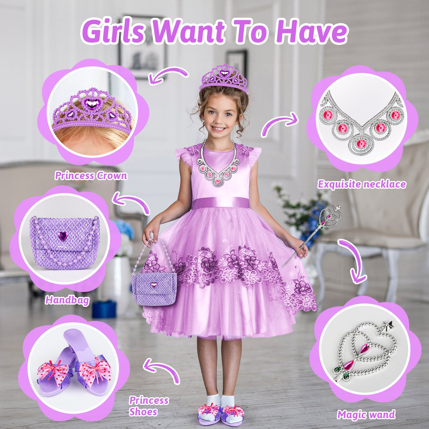 Princess Dress-up Toys Set for Toddlers Girl, Purple Princess Toys for Girls Ages 3 4 5 6+ Years, Birthday Christmas Dress Up Gift for Little Girls 3-6 Years.