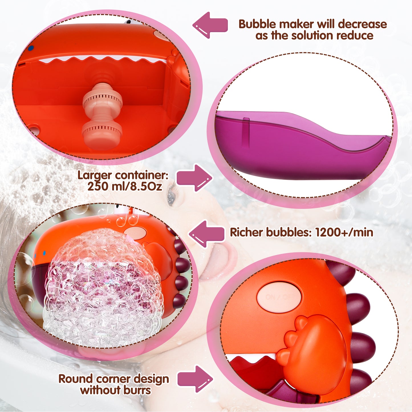 Orange Dinosaur Bubble Bath Toys for Baby, Swimming Pool Bubble Maker Machine Bathtub Toys, 12 Songs Christmas Gift for Toddler Girls Boys Aged 2+