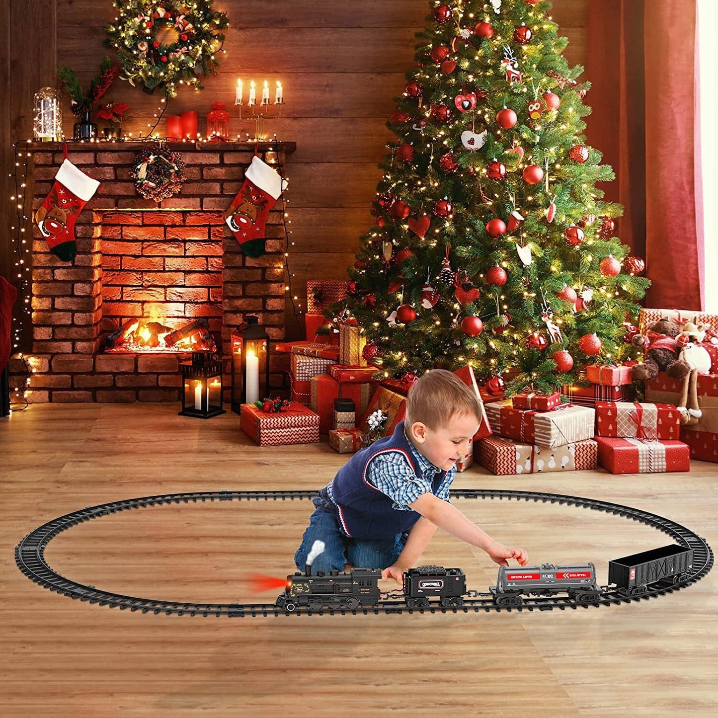 Electric Train Set for Boys - Metal Alloy Model Trains with Steam Locomotive, Train Toys with Smoke,Sounds & Lights,Christmas Gift for 3-8 Years Old Kids