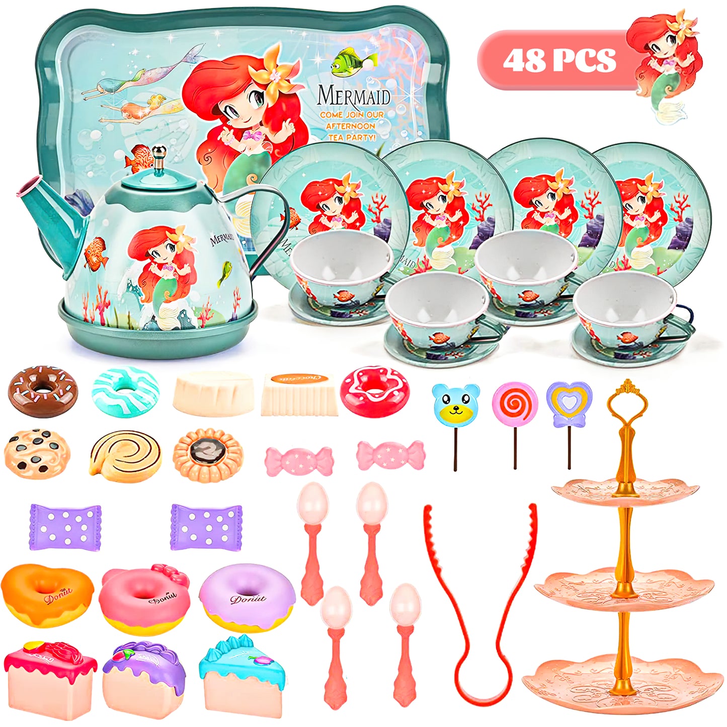 Mermaid Tea Party Set for Kids, Pretend Play Tea Set, 48 PCS Toy Tea Set Includes Teapot, Cups, Saucers, and Accessories - Perfect Christmas Gifts for Kids Girls Parties Role-Playing Games