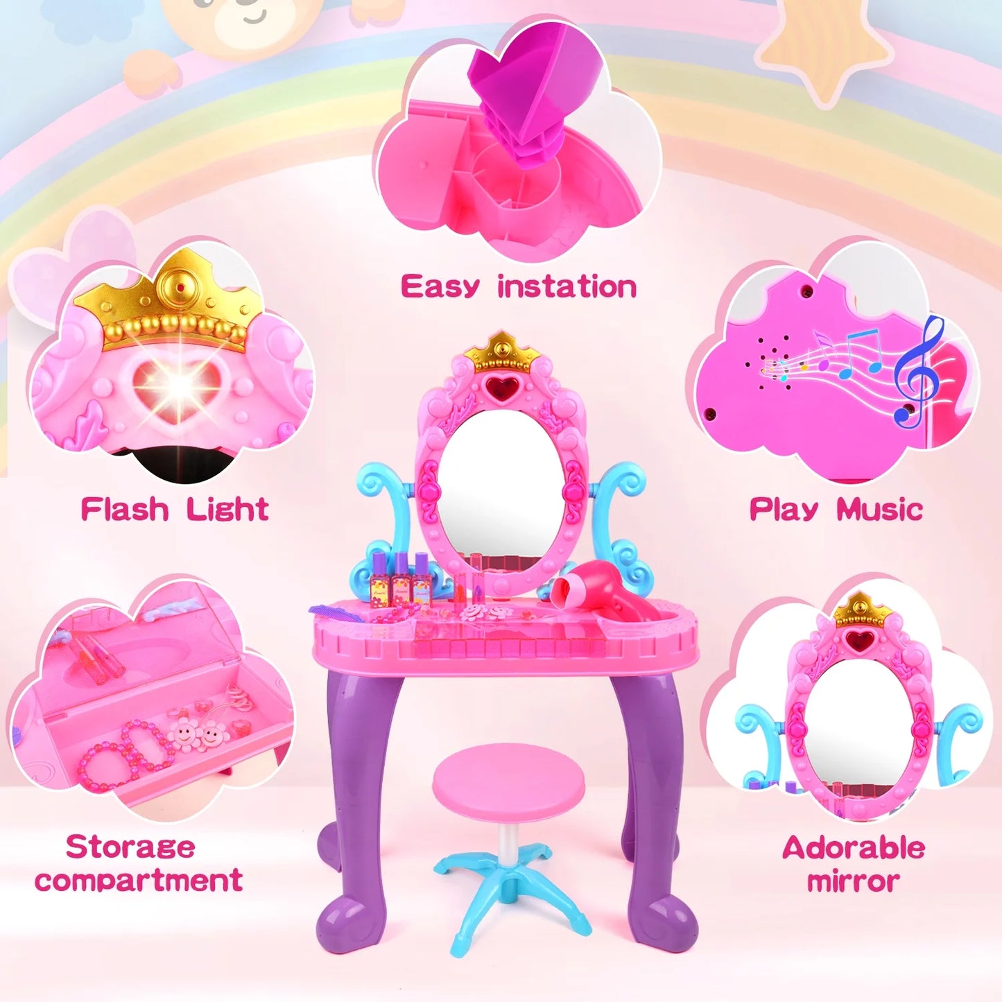 Pretend Play Toys for Girls Toddlers, Ocean Princess Vanity Toy with Sound and Light, Birthday Gift for Girl Kids Ages 3 4 5