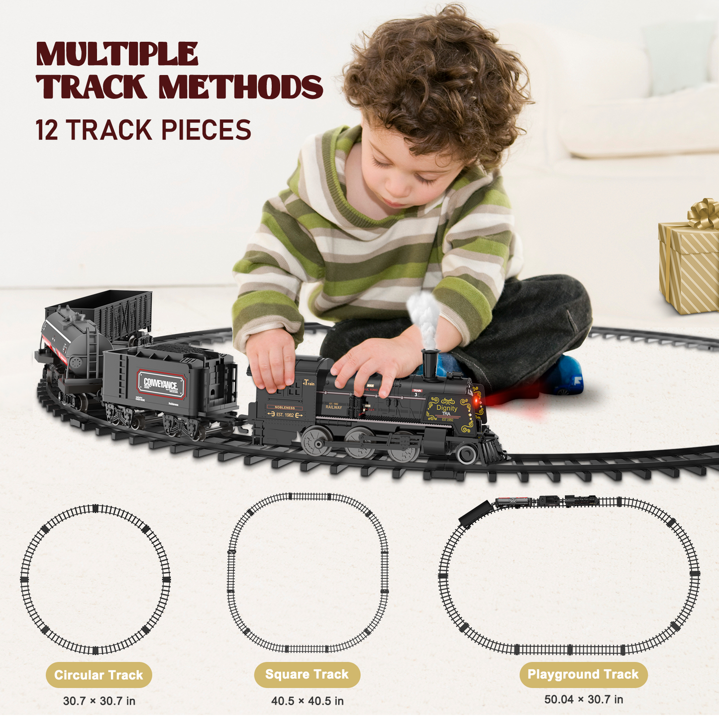 Electric Train Set for Boys - Metal Alloy Model Trains with Steam Locomotive, Train Toys with Smoke,Sounds & Lights,Christmas Gift for 3-8 Years Old Kids