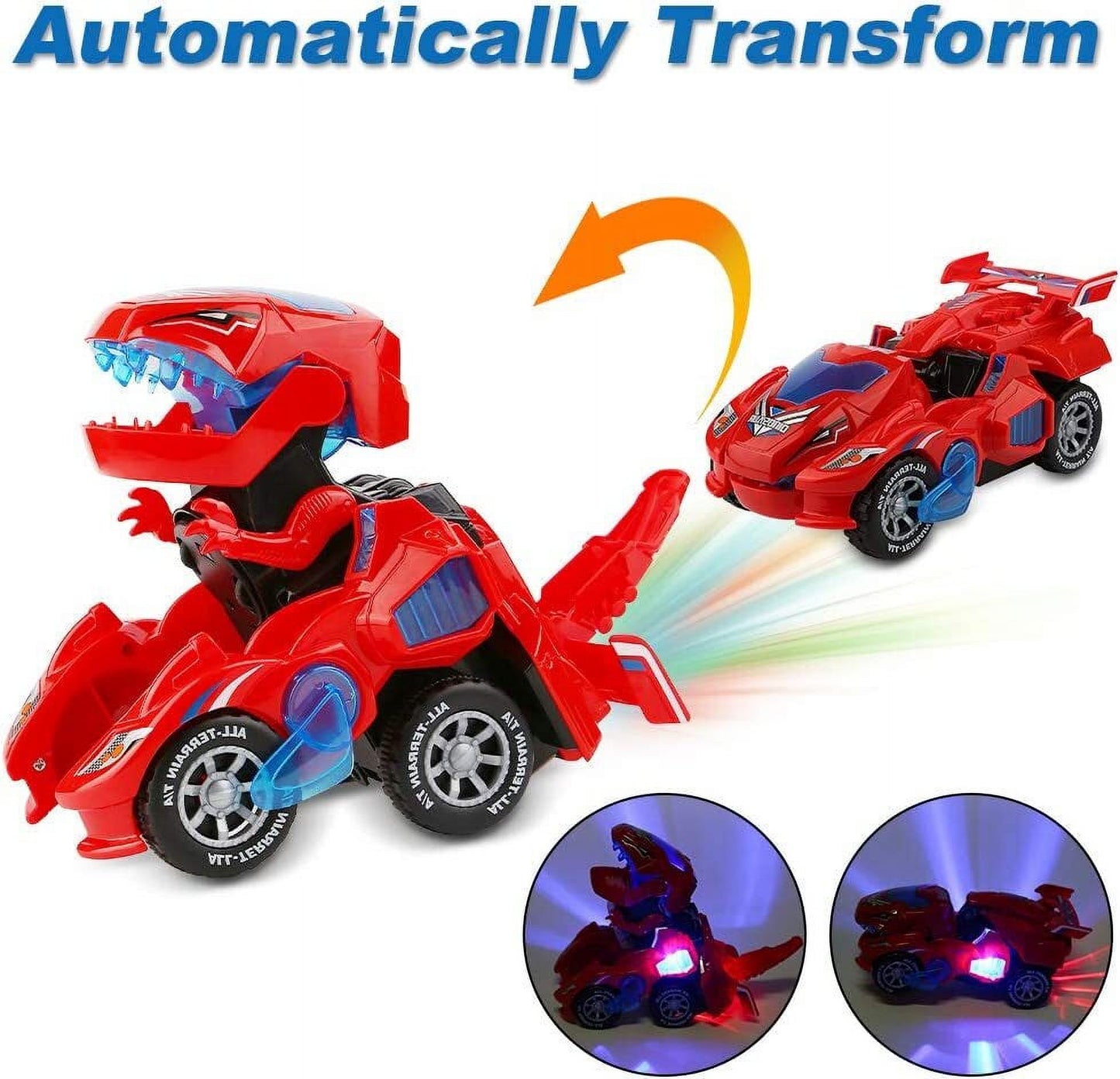 Dinosaur Toys for 3-6 Year Old Boys, Kids Transforming Dinosaur Car with LED Light and Music Gifts for 4-7 Year Old (Red)