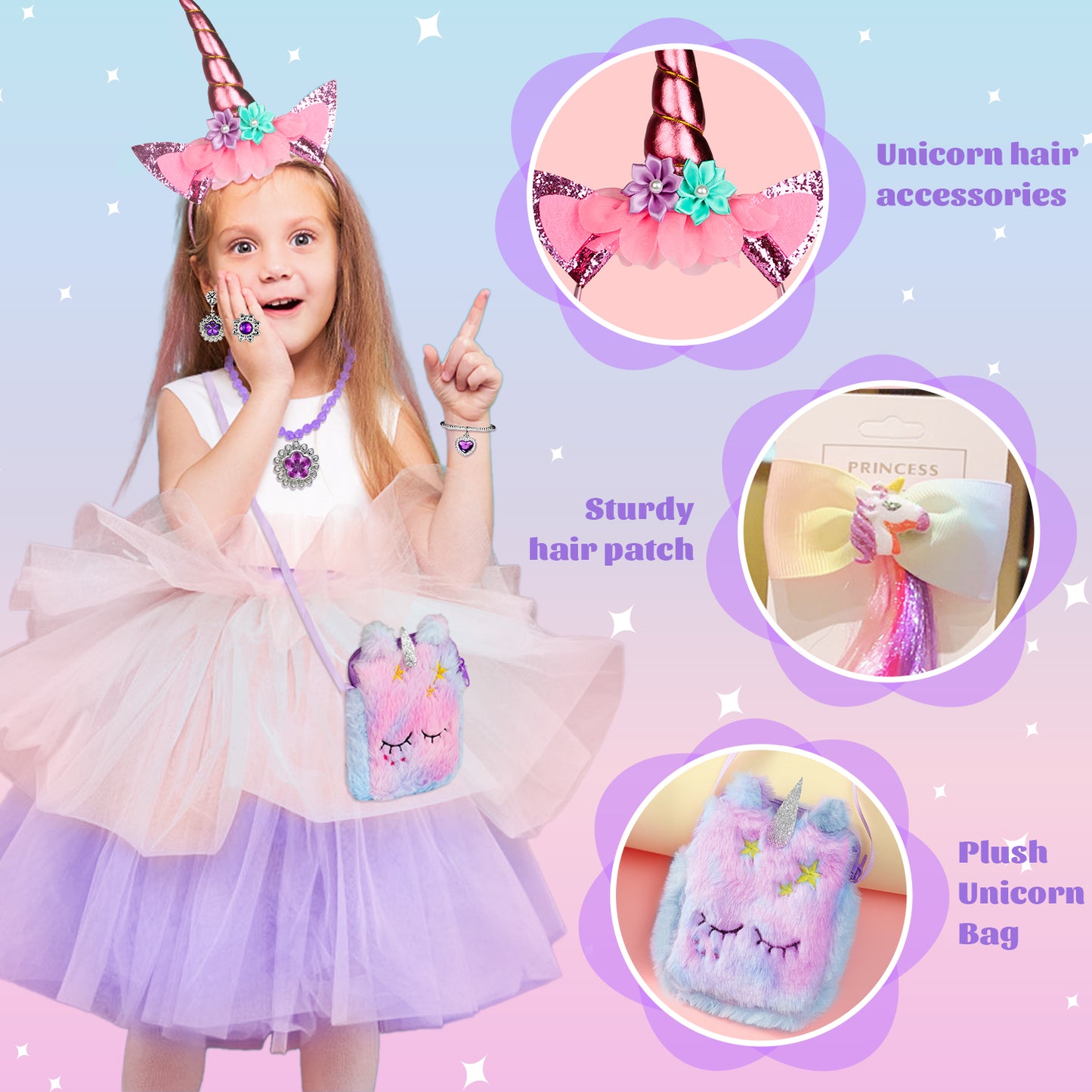 Unicorn Princess Dresses Up Toy, Princess Toy Set for Toddlers with Handbag and jewelry, Birthday Gift For 3 4 5 6 Year Old Girls