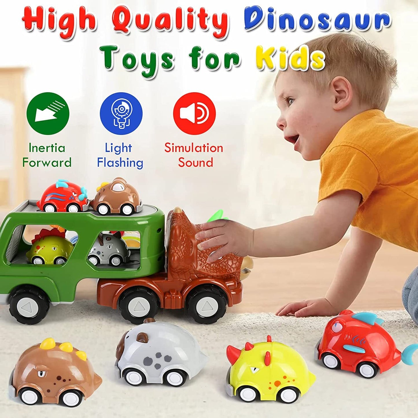 Car Truck for 2 3 4 5 Years Old Boys Girls, with 4 Pack Small Pull Back Dino Car, Transport Carrier Truck Set Christmas Birthday Gift for 18M+ Kids Toddler