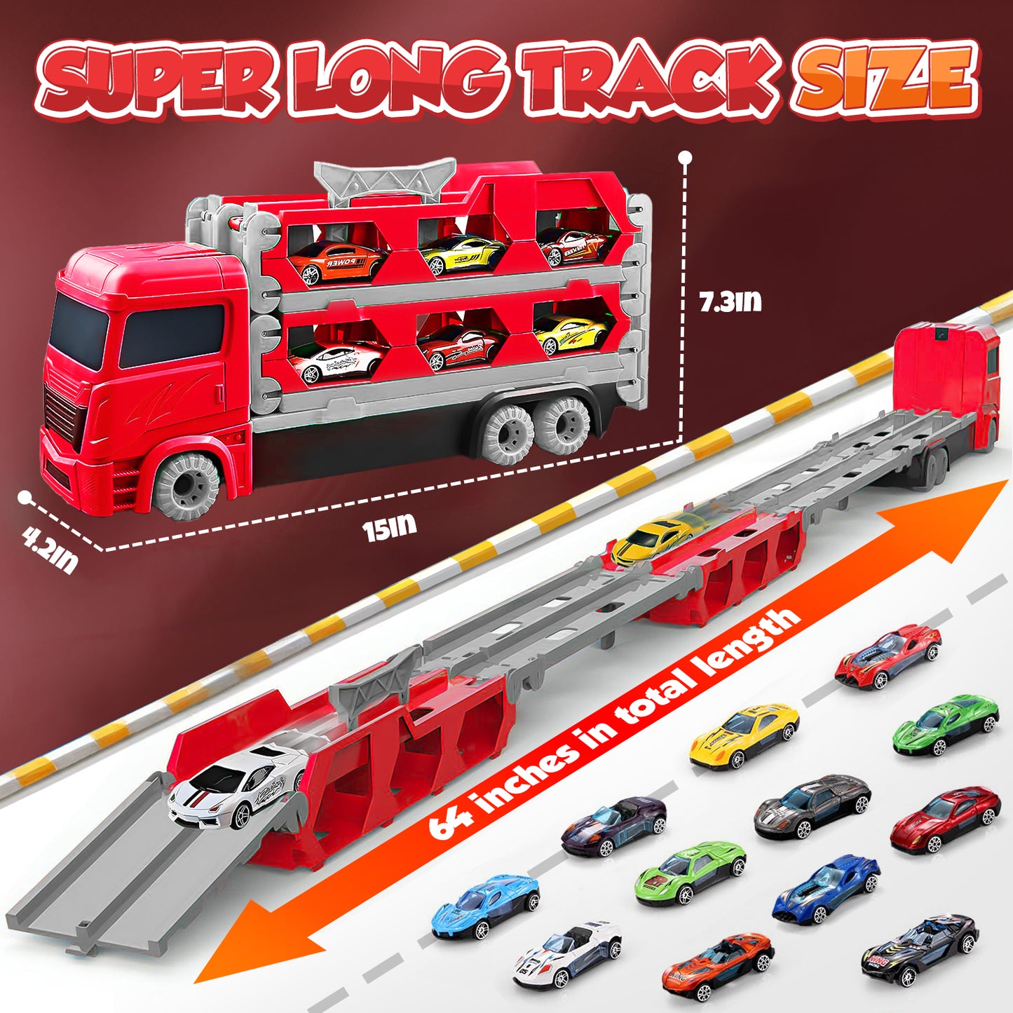 Carrier Truck Toys for Kids, Transport Race Trucks Set, W/ Deform Folding Track & 12 Race Cars, Toys for 3-8 Years Old Toddler Car Set Gifts for Boys and Girls(Red)