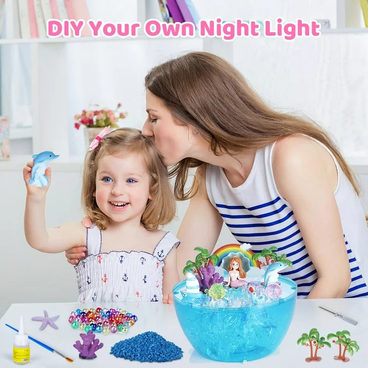 Mermaid Gifts for Girls 3 4 5 6 7+ Years, DIY Mermaid Terrarium Kit for Toddlers Girls, Art& Crafts Kit, Voice Control LED Night Light Birthday Christmas Gift for Kids Ages 3-12.