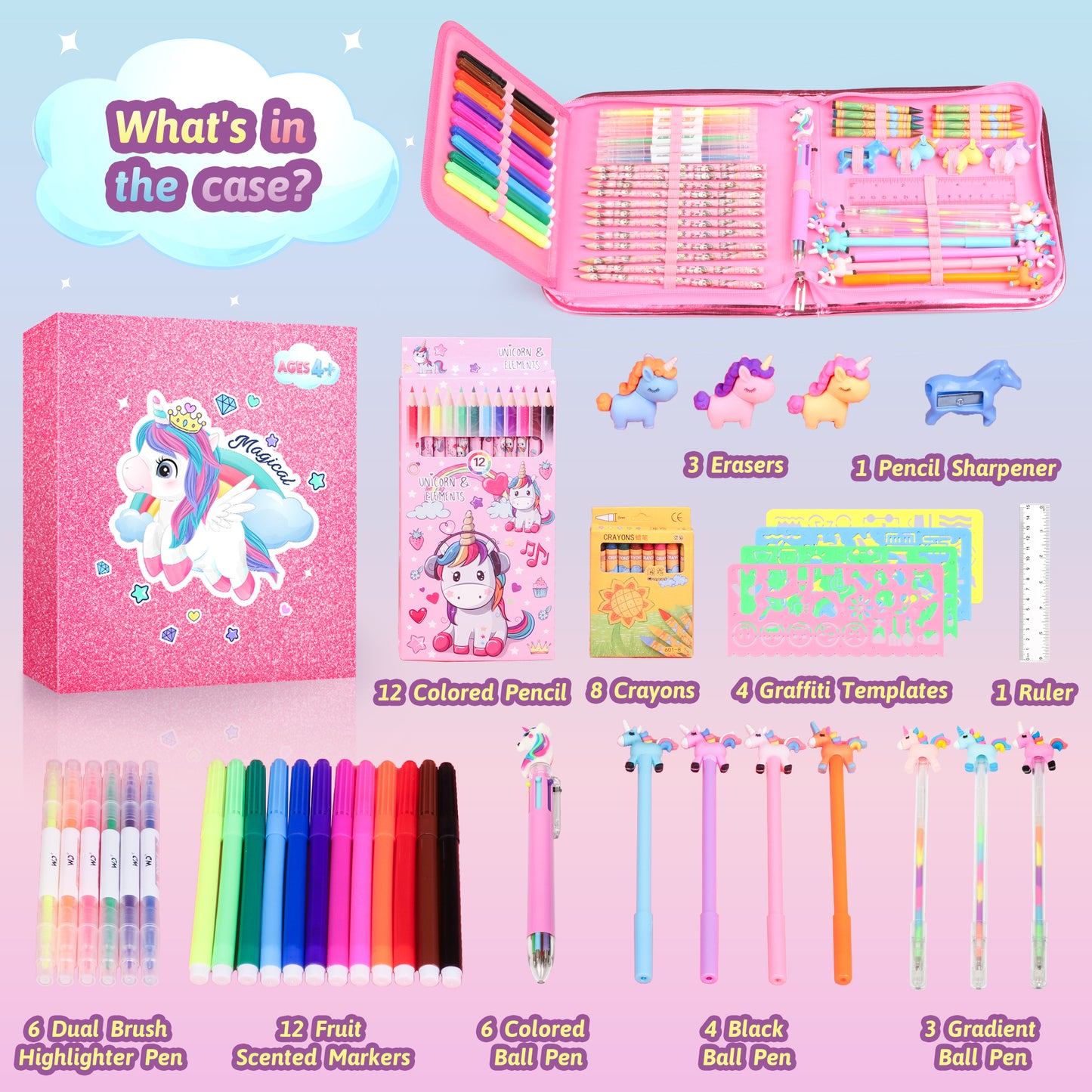 56Pcs Scented Markets Set with Unicorn Pencil Case Art Set for Girls 8-12,Birthday, Christmas, School Art Supplies Unicorn Gift for Kids Girls Ages 6-8-12.