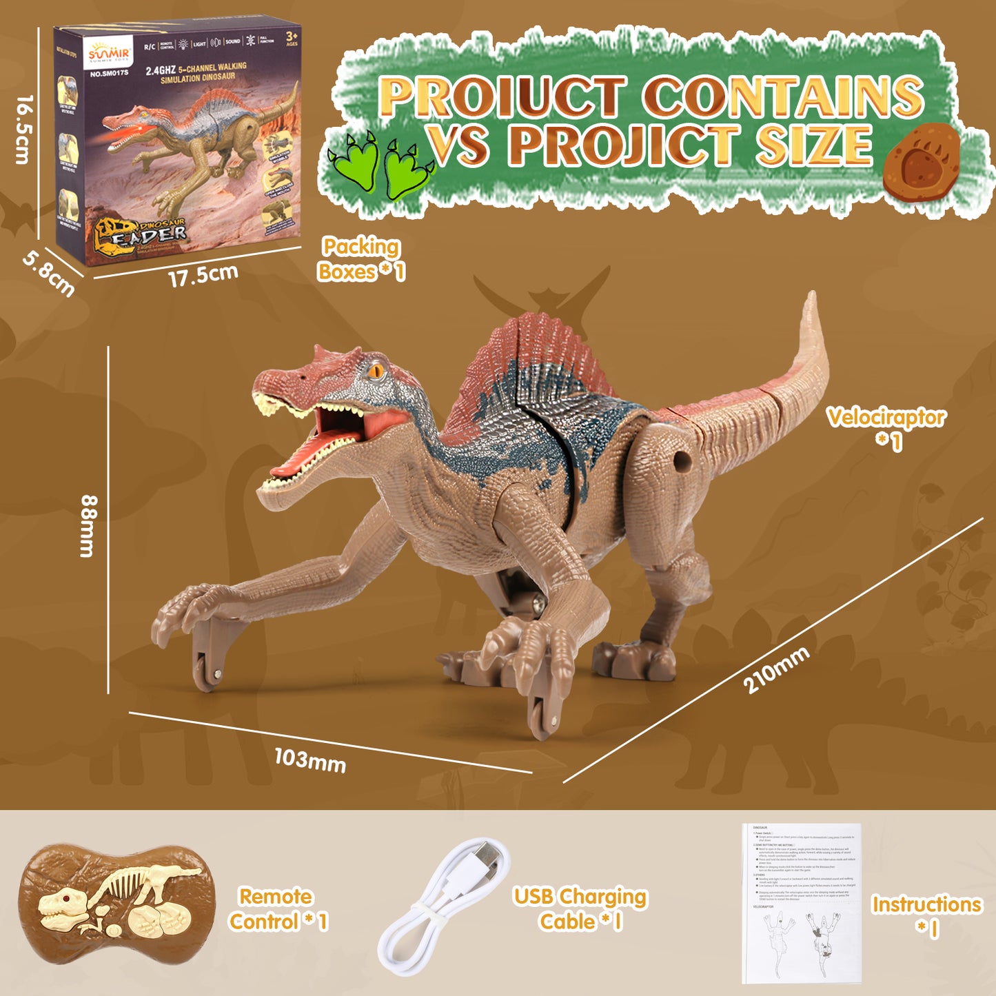 Remote Control Dinosaur Toys for Boys, 2.4G Electronic RC Velociraptor Toy with 3D Eye Shaking Head & Roaring Sounds, RC Dinosaur Toys Gift for Boys 3-6 Year Old