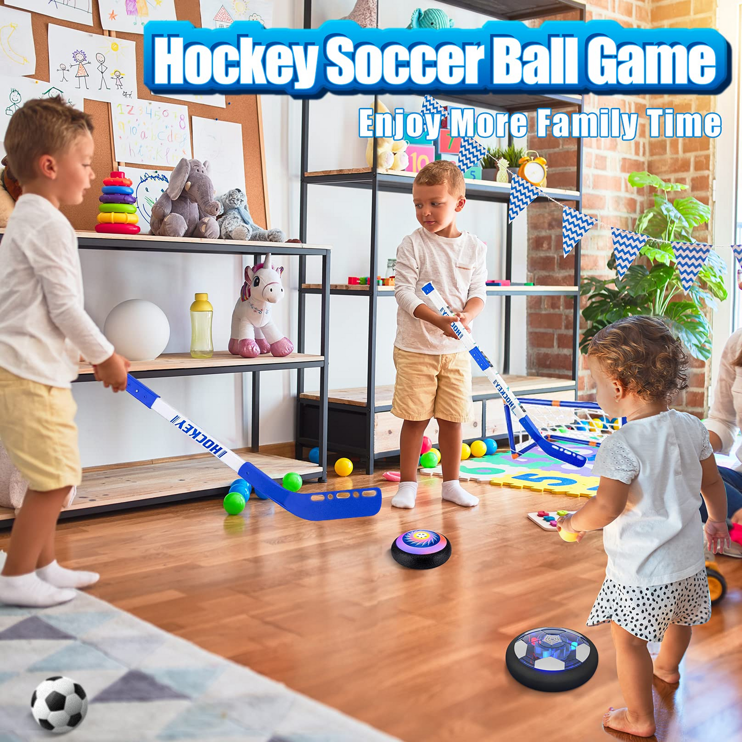 Hover Hockey Soccer Ball Set with 3 Goals, Rechargeable Floating Air Soccer Ball with Led Light and Foam Bumper, Gifts for Boys Girls Aged 3 4 5 6-12