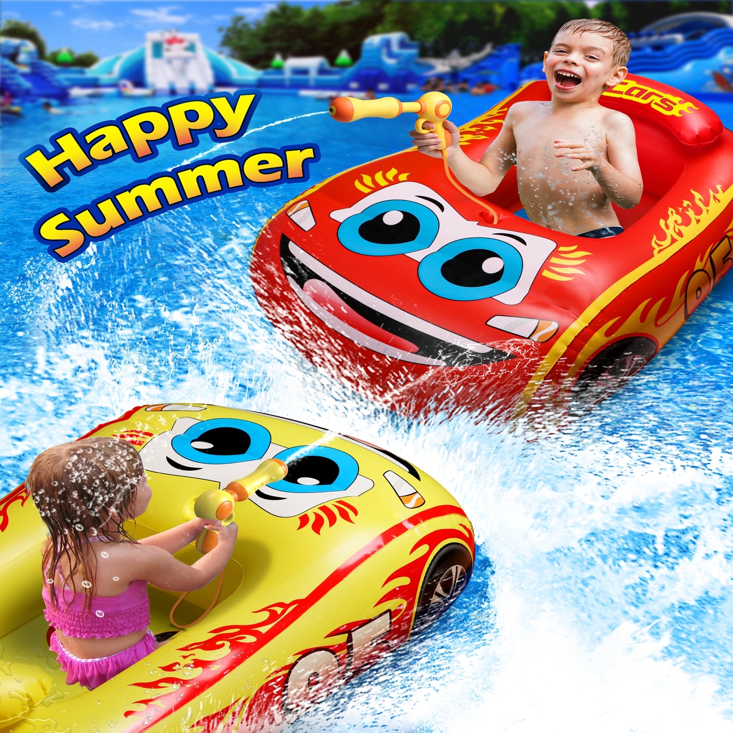 Inflatable Car Pool Float for Kids with Built-in Squirt Gun, Inflatable Ride-on for Children Aged 3-8 Years