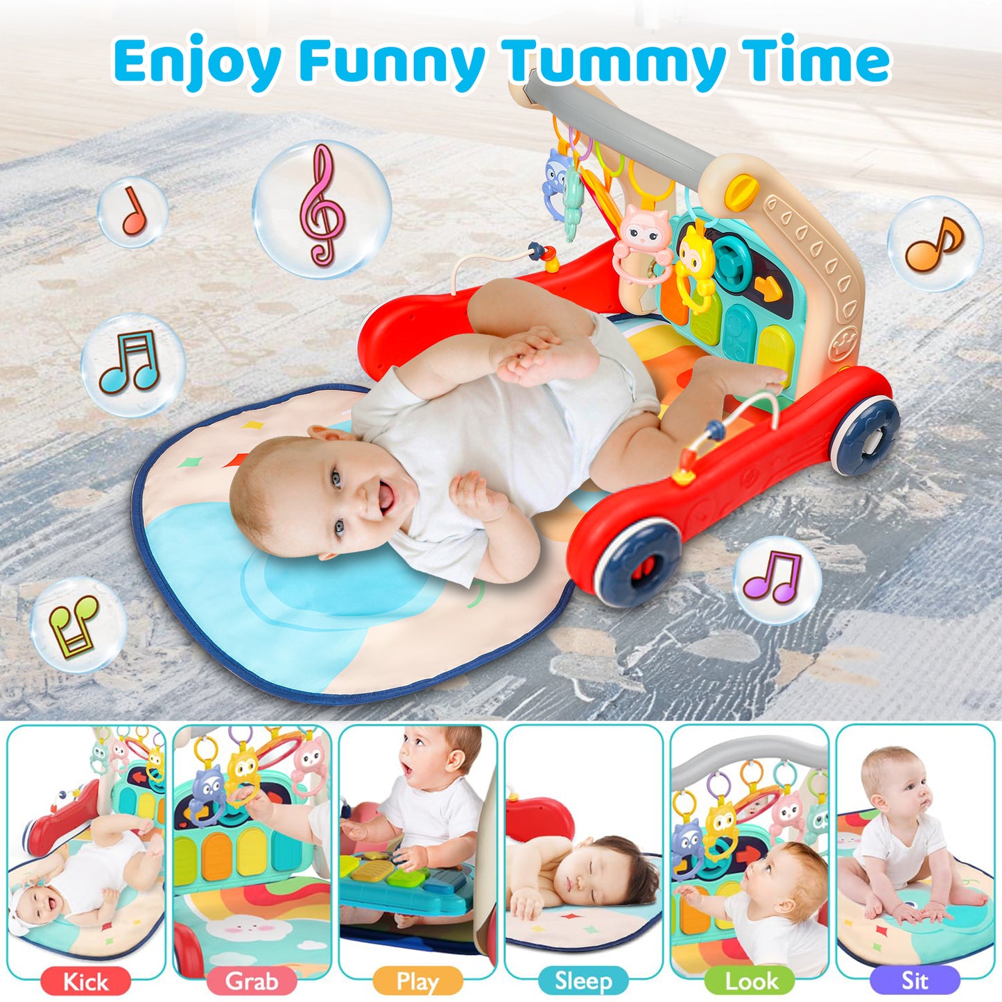 2 in 1 Baby Walker & Play Gym Mat for Boys Girls, Sit to Stand Learning Walker with Musical Piano & Rattles Tummy Time Mat, Babies Floor Activity Push Walker Toys for Infant to Toddler