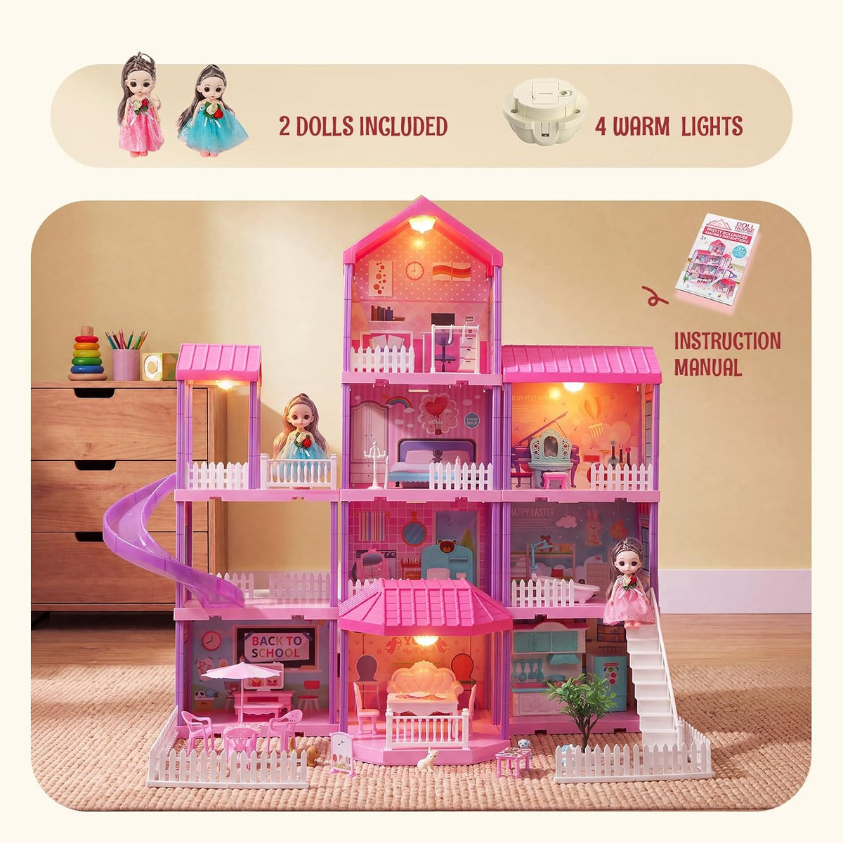 Flooyes Doll House for Girls-4 Story 11 Rooms Dollhouse