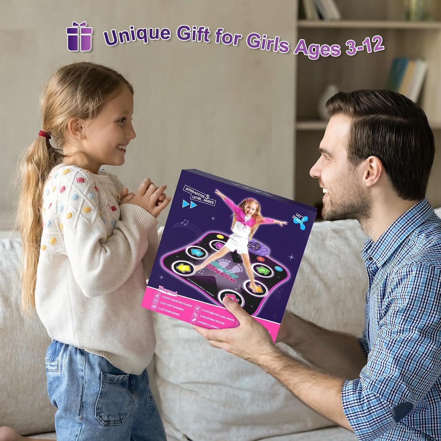 Flooyes Electronic Dance Mat Toys for 3-12 Year Old Kids with Light-up 6-Button & Wireless Bluetooth, 5 Game Modes, Gifts for 3-10+ Year Old Girls