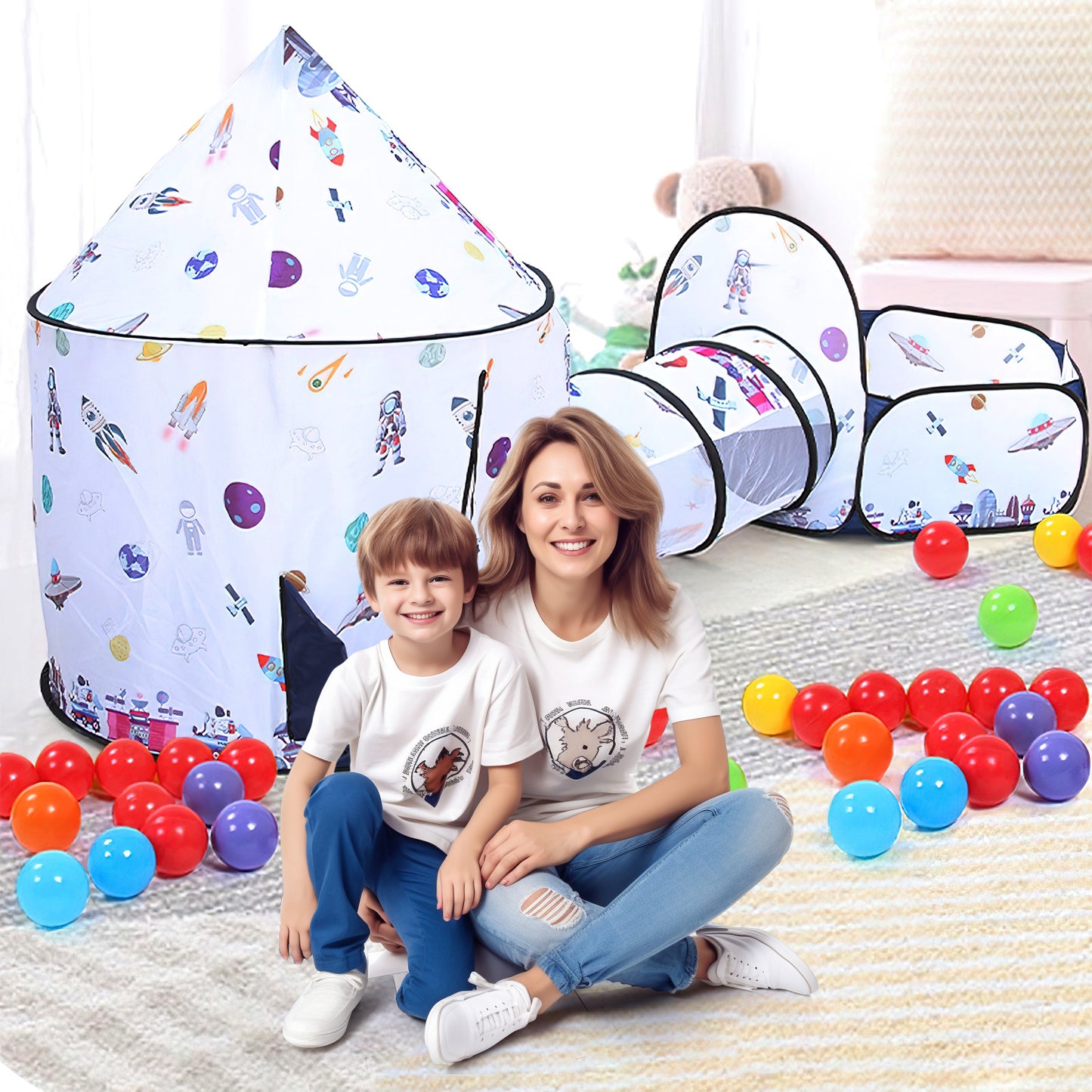 3-in-1 Rocket Kids Tent Set, Indoor & Outdoor Toy Play Set, with Play Tent & Baby Ball Pit(NOT INCLUDE BALL)& Toddler Play Tunneling, Christmas Birthday Gift for Boys Age 3-8.