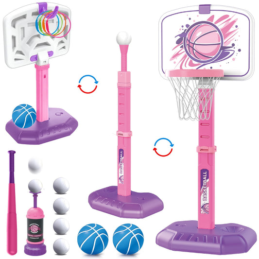 Flooyes 4-in-1 Kids Basketball Hoop and T Ball Set - Kids Baseball Tee with Automatic Pitching Machine, Indoor Outdoor Sport Toys Gifts for Toddler Boys Girls Age 3-12, Pink