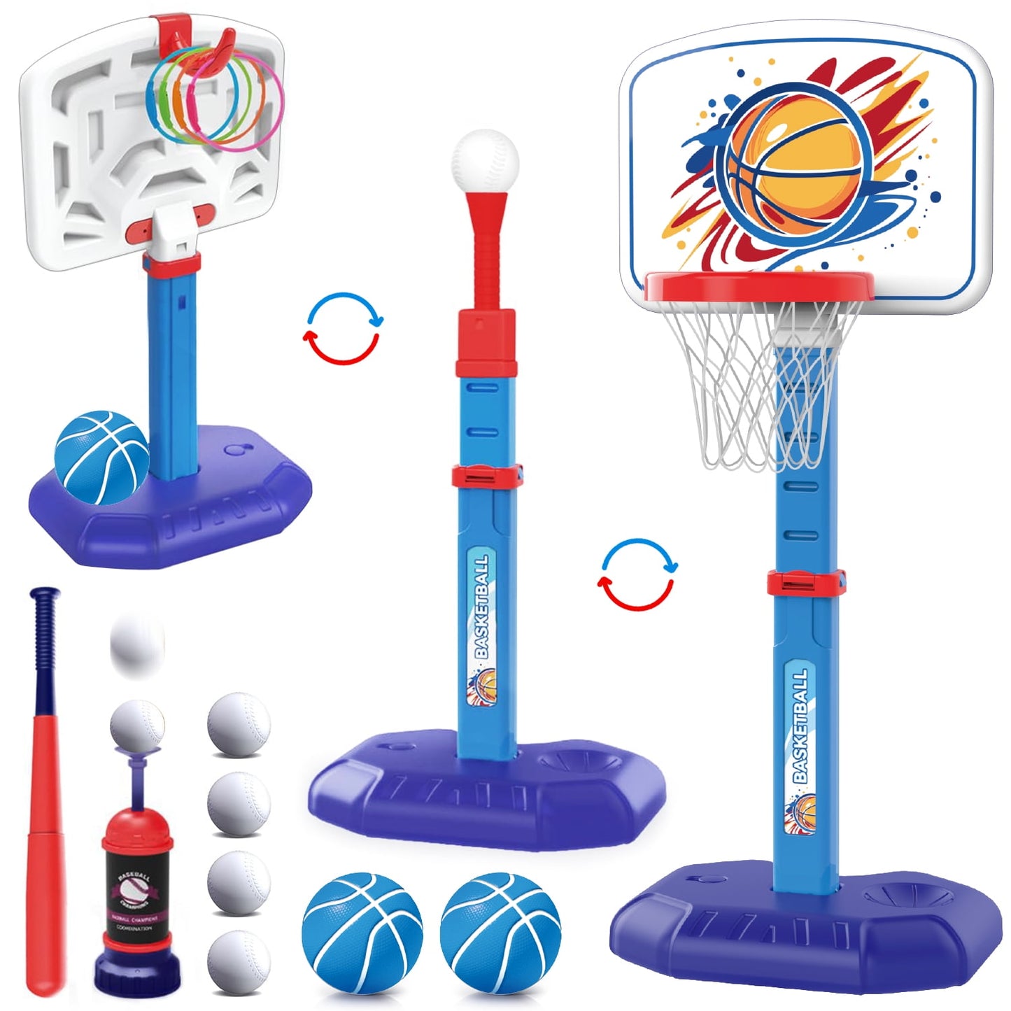 Flooyes 4-in-1 Kids Basketball Hoop and T Ball Set - Kids Baseball Tee with Automatic Pitching Machine, Indoor Outdoor Sport Toys Gifts for Toddler Boys Girls Age 3-12, Blue