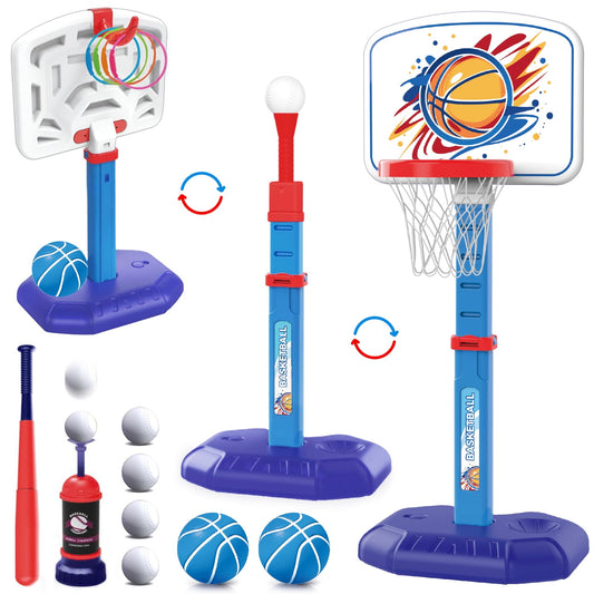 Flooyes 4-in-1 Kids Basketball Hoop and T Ball Set - Kids Baseball Tee with Automatic Pitching Machine, Indoor Outdoor Sport Toys Gifts for Toddler Boys Girls Age 3-12, Blue