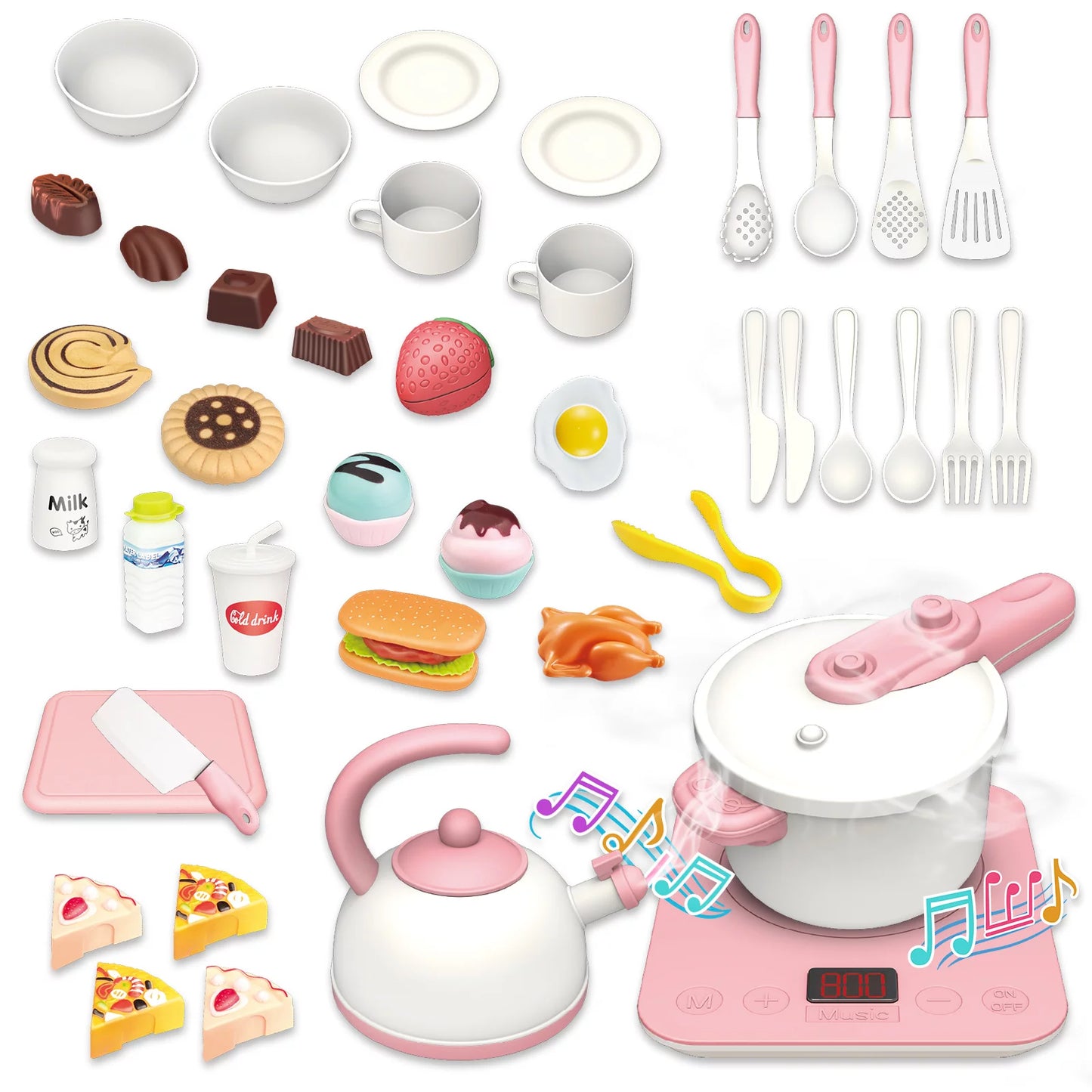 44PCS Pretend Play Kitchen Toys, Play Cooking Set with Induction Cooker, Play Food, Play Dishes Toys Christmas Gift for Girls Boys Kids 3-8 Years